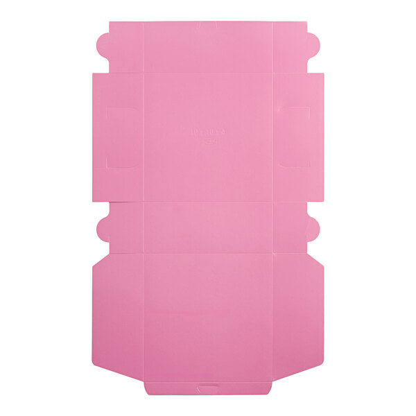 A flat, unfolded pink bakery box made of cardboard.