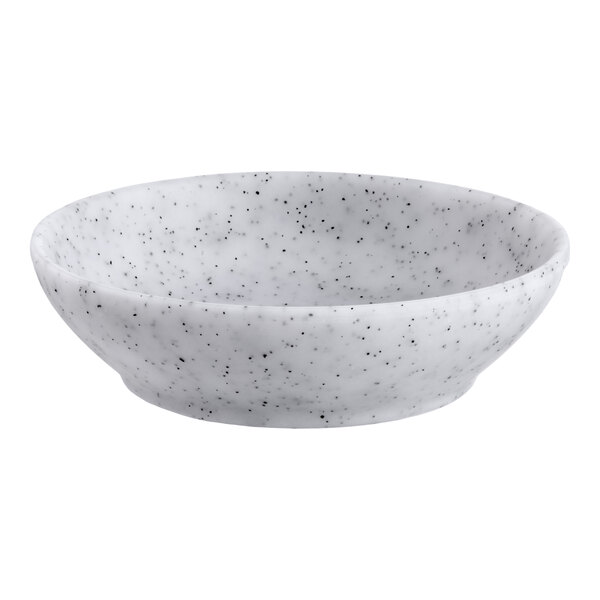 A light gray round melamine ramekin with a speckled pattern.