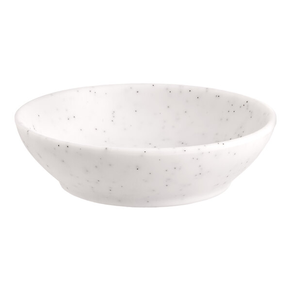 A small, round, white melamine ramekin with a speckled pattern.