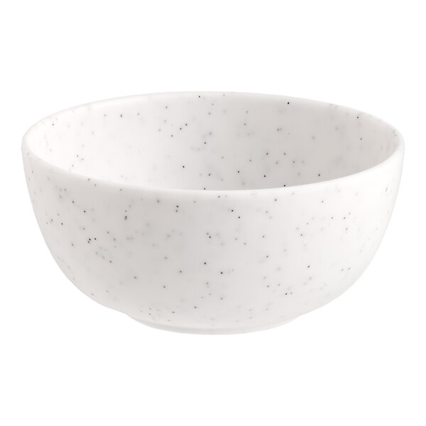 A small white round melamine ramekin with a speckled pattern.
