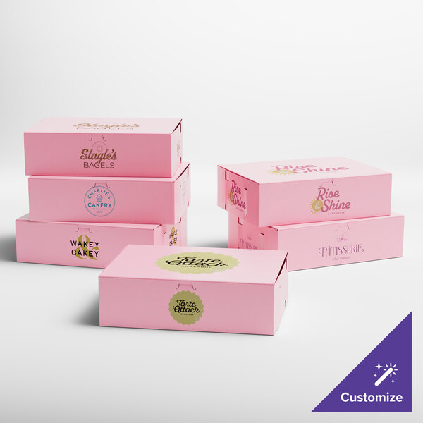 A set of pink quarter sheet cake or bakery boxes with customizable designs.