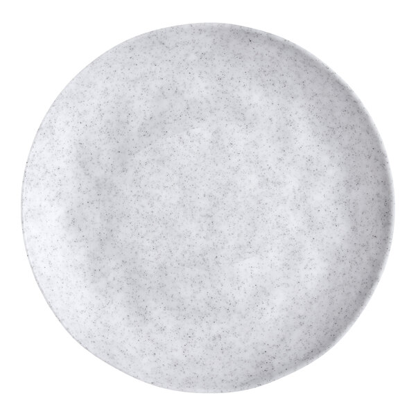 A light gray melamine plate with a subtle speckled pattern.