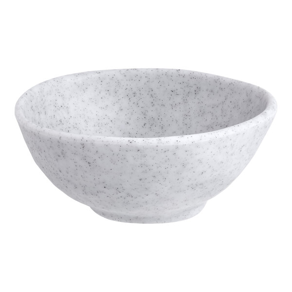 A light gray round melamine bowl with a speckled pattern.