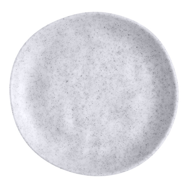 A round, light gray melamine plate with a speckled pattern.