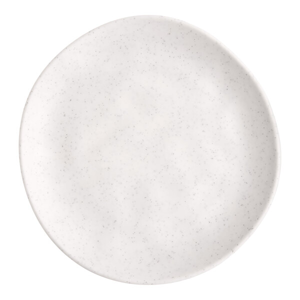 A white round melamine plate with a slightly irregular edge.
