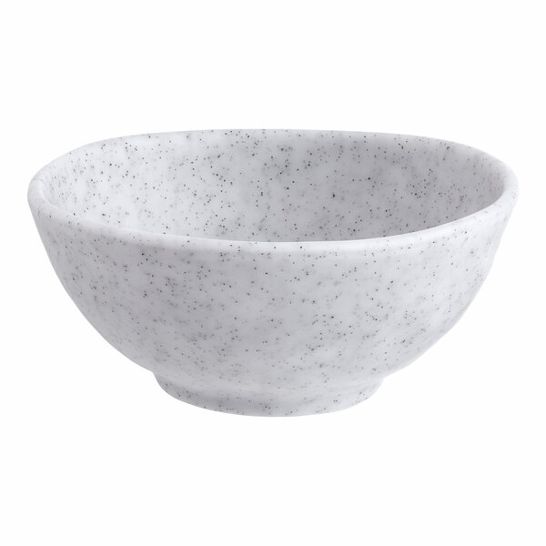 A small, round, light gray melamine bowl with a speckled pattern.