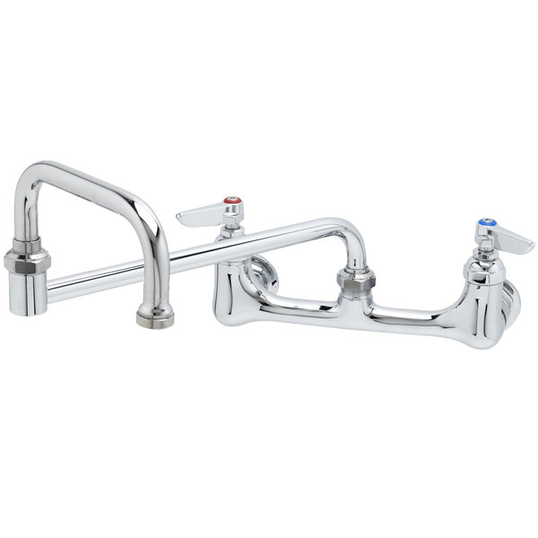 A chrome T&S wall mount faucet with two handles and a double joint nozzle.
