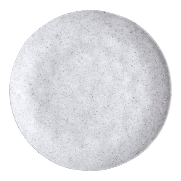 A round, light gray melamine plate with a subtle speckled pattern.