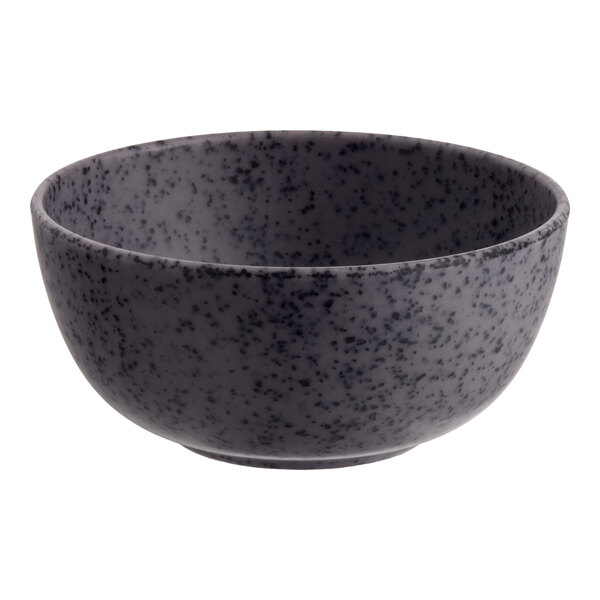A small, round, dark gray melamine ramekin with a speckled pattern.