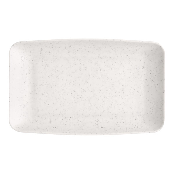 A white rectangular melamine platter with a speckled pattern.