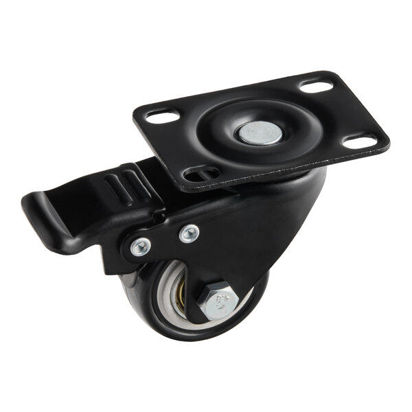 A black swivel caster wheel with a mounting plate and brake, designed for use with Avantco 177LT93 dehydrators.