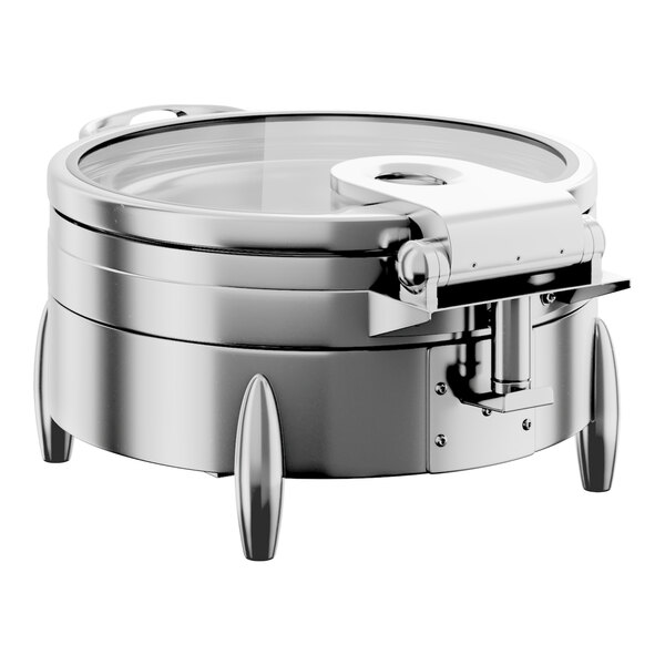 A round stainless steel chafer with a glass top, soft close lid, and stand with fuel holder.