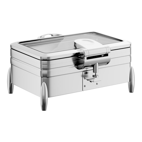 A stainless steel full-size chafer with a glass top, soft close lid, and stand, designed for induction or traditional heating.