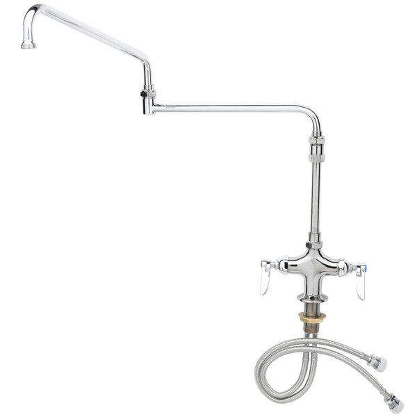 A chrome T&S deck-mounted pantry faucet with flex inlets and a double jointed swing nozzle.