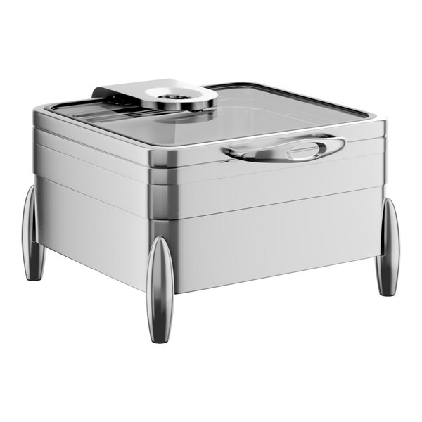 A square stainless steel chafer with a glass top, soft close lid, and stand with fuel holders.