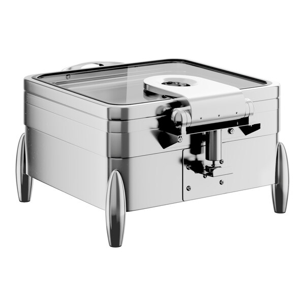 A square stainless steel chafing dish with a glass top, soft close lid, and stand with fuel holders.