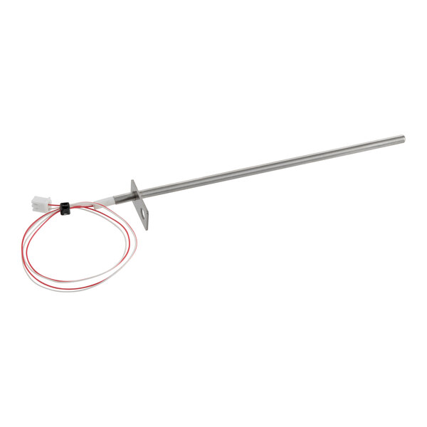 A metal thermocouple with an attached mounting bracket and two wires for electrical connection.