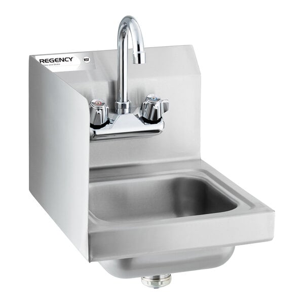 A stainless steel wall-mounted hand sink with a gooseneck faucet, two handles, and a left side splash guard.