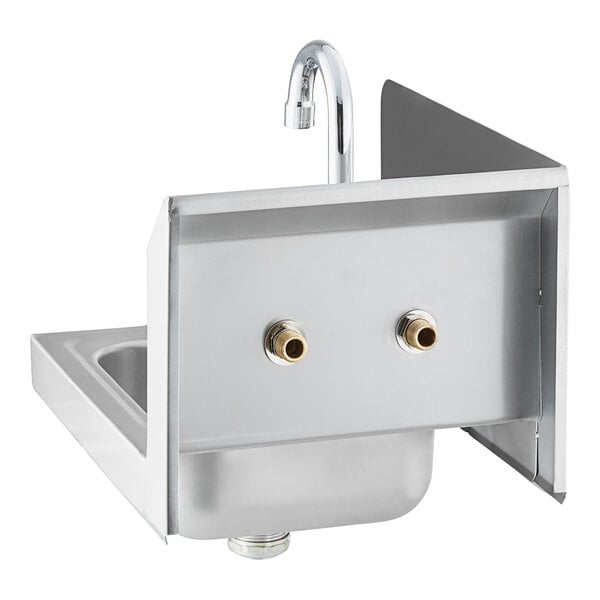 A stainless steel wall-mounted hand sink with a gooseneck faucet, left side splash guard, and two water inlet connections visible on the back panel.