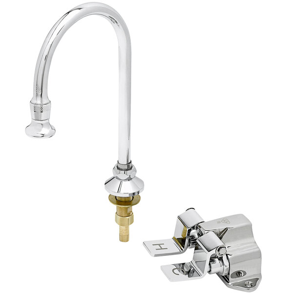 A chrome T&S dummy gooseneck faucet with double pedal valves.
