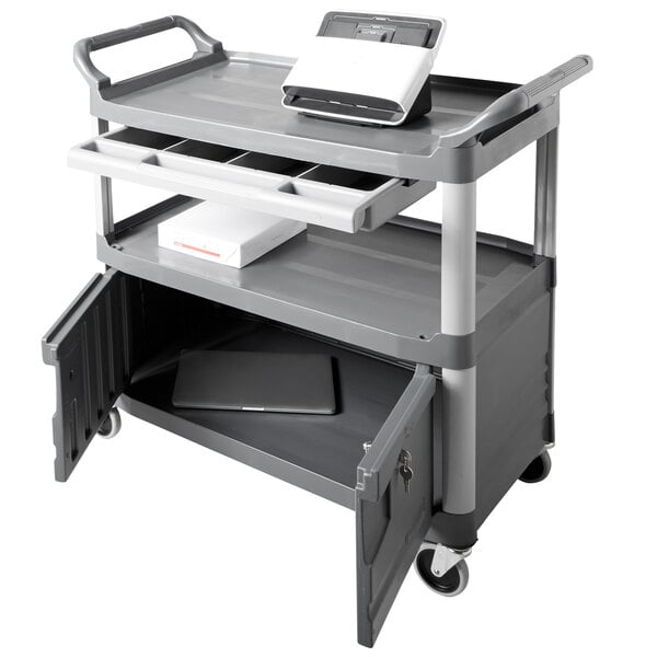 Rubbermaid FG409400GRAY Xtra Gray 300 lb. Instrument Cart with Lockable Doors and Sliding Drawers