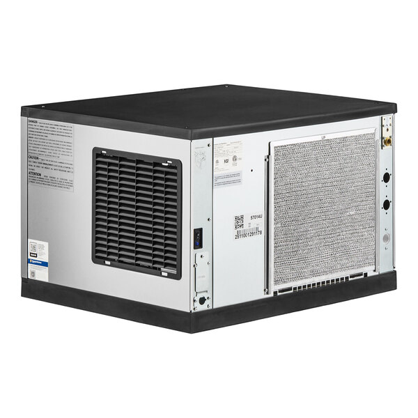 An air-cooled modular half cube ice machine with a stainless steel exterior and ventilation grilles.