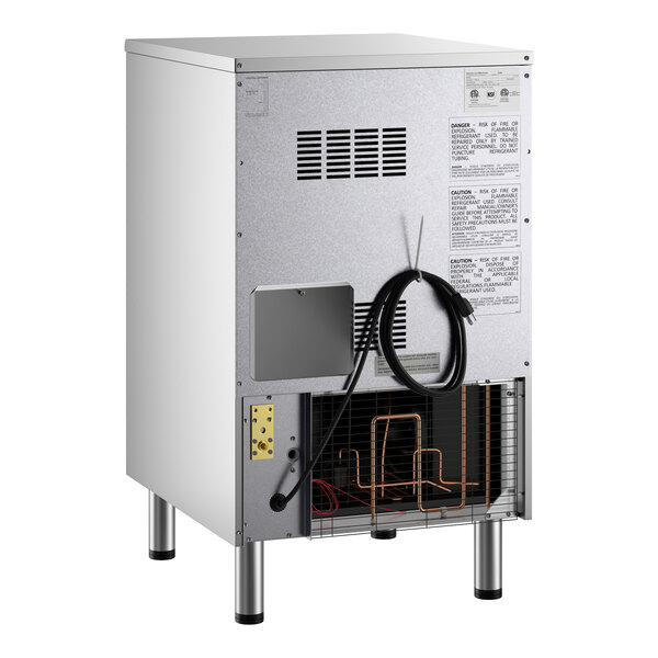 An undercounter air-cooled ice machine with a metal exterior, visible rear ventilation, and attached power cord.
