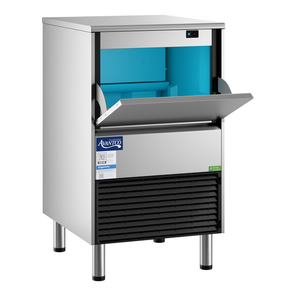 An undercounter air-cooled ice machine with a stainless steel exterior and a front-opening bin.