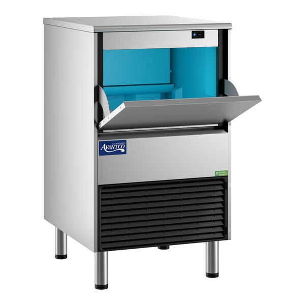 An undercounter air-cooled ice machine with a stainless steel exterior and a front-opening bin.