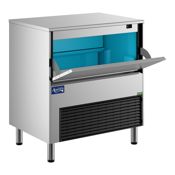 An undercounter air-cooled half cube ice machine with a stainless steel exterior and a front-opening bin.