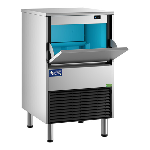 An undercounter air-cooled ice machine with a stainless steel exterior and a front-opening bin.