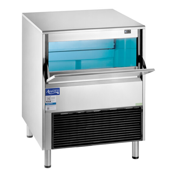 An undercounter stainless steel ice machine with a front-opening bin and air-cooled system.