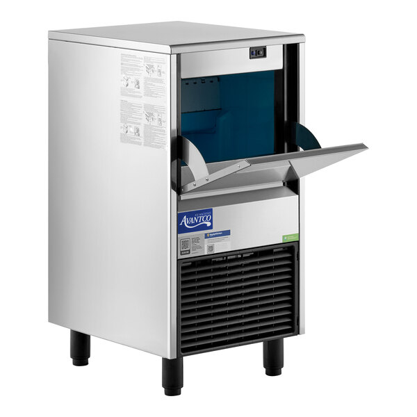 An undercounter air-cooled gourmet cube ice machine with a stainless steel exterior and a front-opening bin.