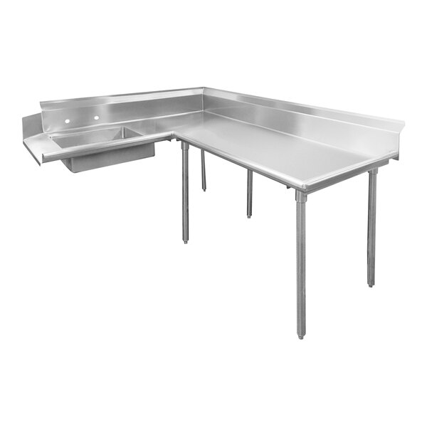 A stainless steel L-shape dishtable with a counter top and a drain on a counter.