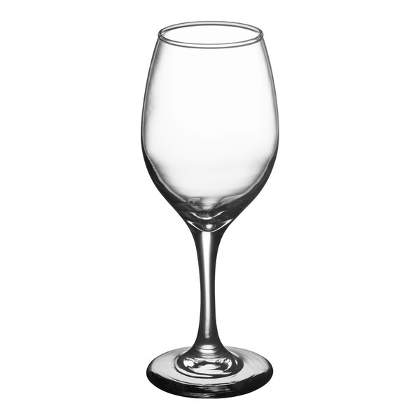 A clear, all-purpose wine glass with a stem and a rounded bowl.