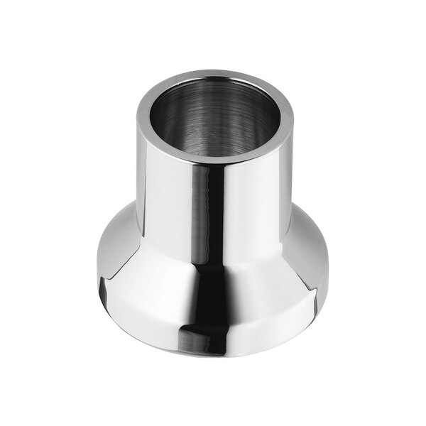 A shiny stainless steel T&S slip flange with a hole for a pipe on a white background.
