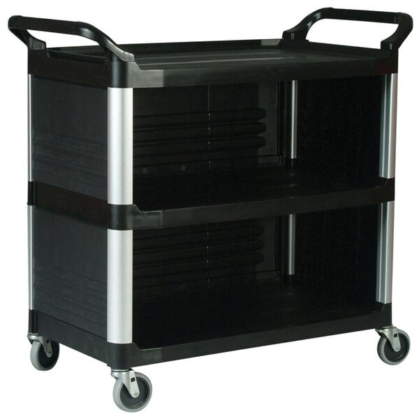 A black Rubbermaid plastic utility cart with three shelves.