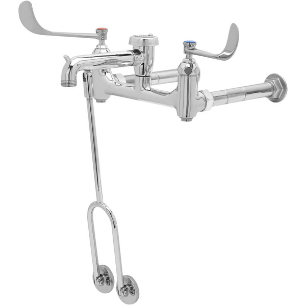 A T&S chrome plated wall mount faucet for a mop sink with wrist action handles.