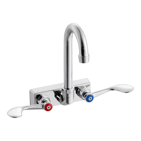 A wall-mount sink faucet with a 3 1/2 inch swivel gooseneck spout and wrist blade handles, featuring 4 inch centers.