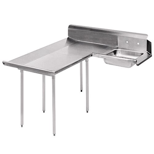 An Advance Tabco stainless steel L-shaped dishtable with a sink on the left.