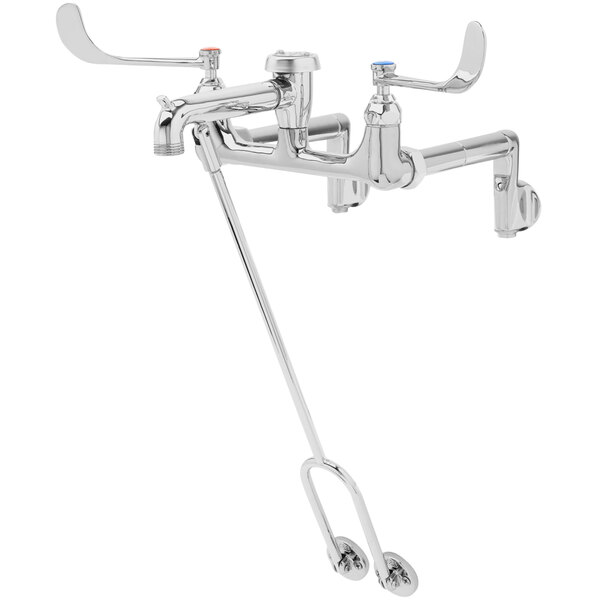 A T&S polished chrome mop sink faucet with two wrist action handles and a hose.