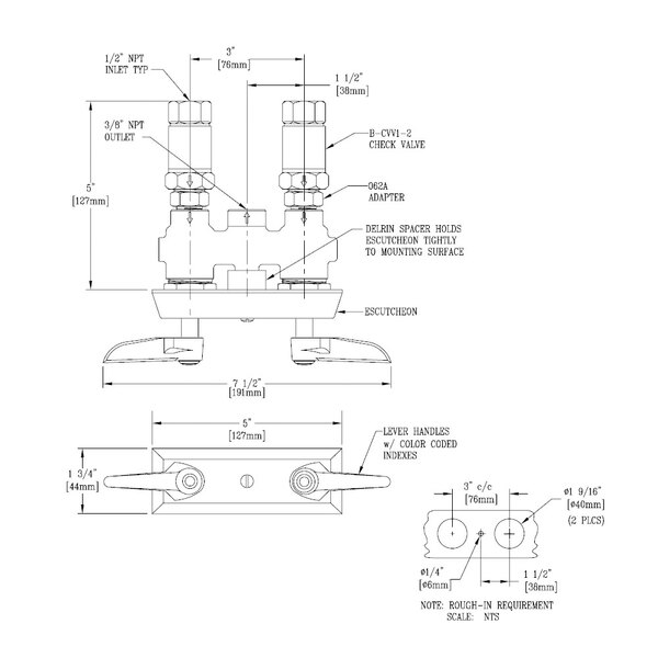 T&S B051301 Concealed Mixing Faucet with 3" Centers and Check Valves