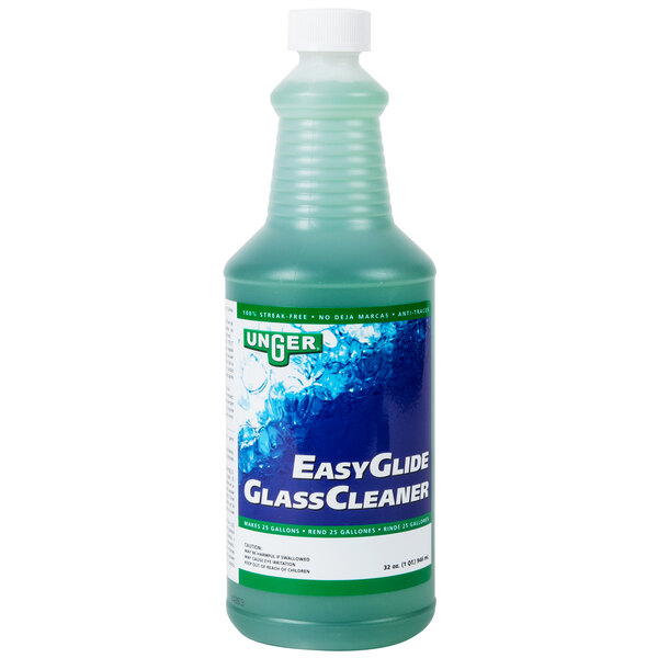 A bottle of Unger EasyGlide Concentrated Glass Cleaner with a green label containing green liquid.