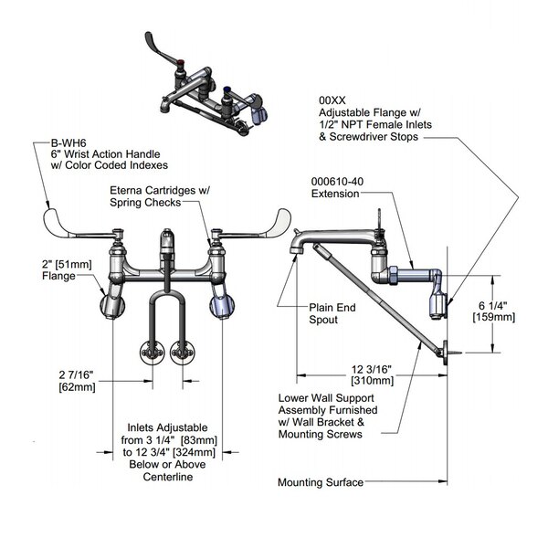 T&S B065003 Wall Mount Mop Sink Faucet with 8" Adjustable Arm Centers