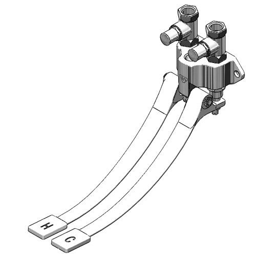 A close-up drawing of a T&S double pedal valve with two metal parts.