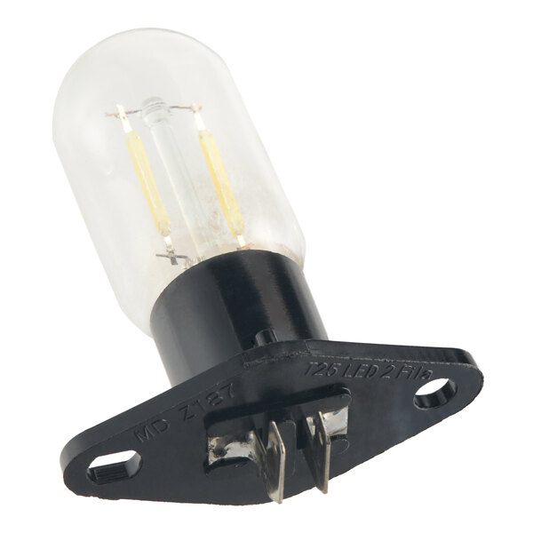 An LED bulb for commercial microwaves with a black base and two metal prongs.