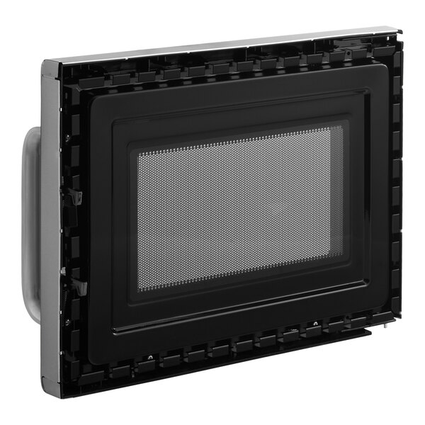 A black rectangular microwave door assembly with a perforated window and a handle on the left side.