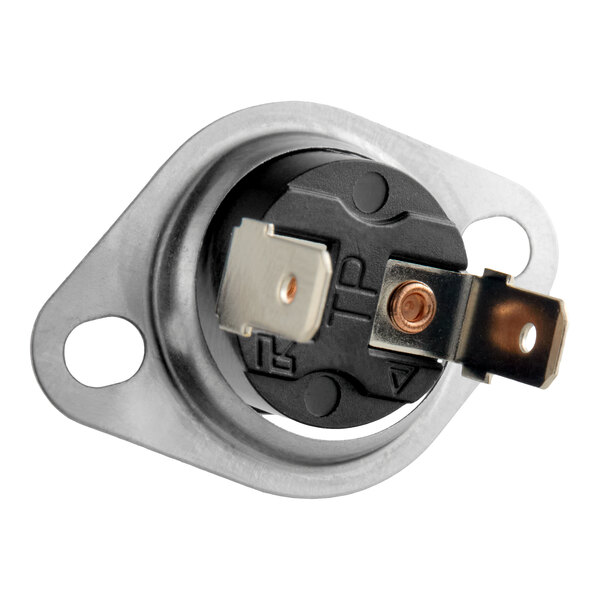 A high-limit thermostat for commercial microwaves with a metal mounting plate and two electrical terminals.