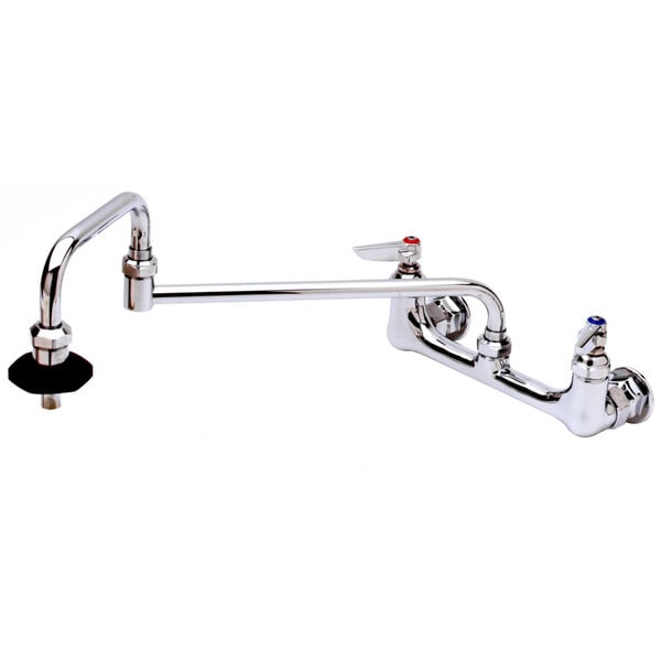 A chrome T&S pot filler faucet with double-jointed swing spout and lever handles.