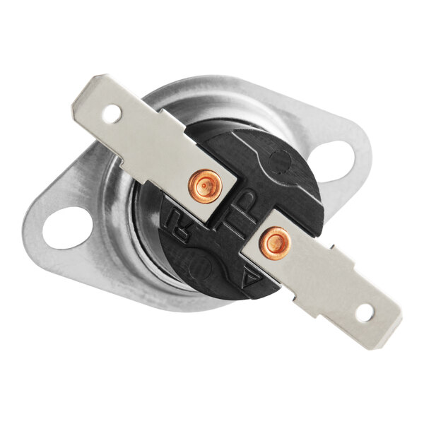 A high-limit thermostat for commercial microwaves with two metal terminals and a mounting bracket.